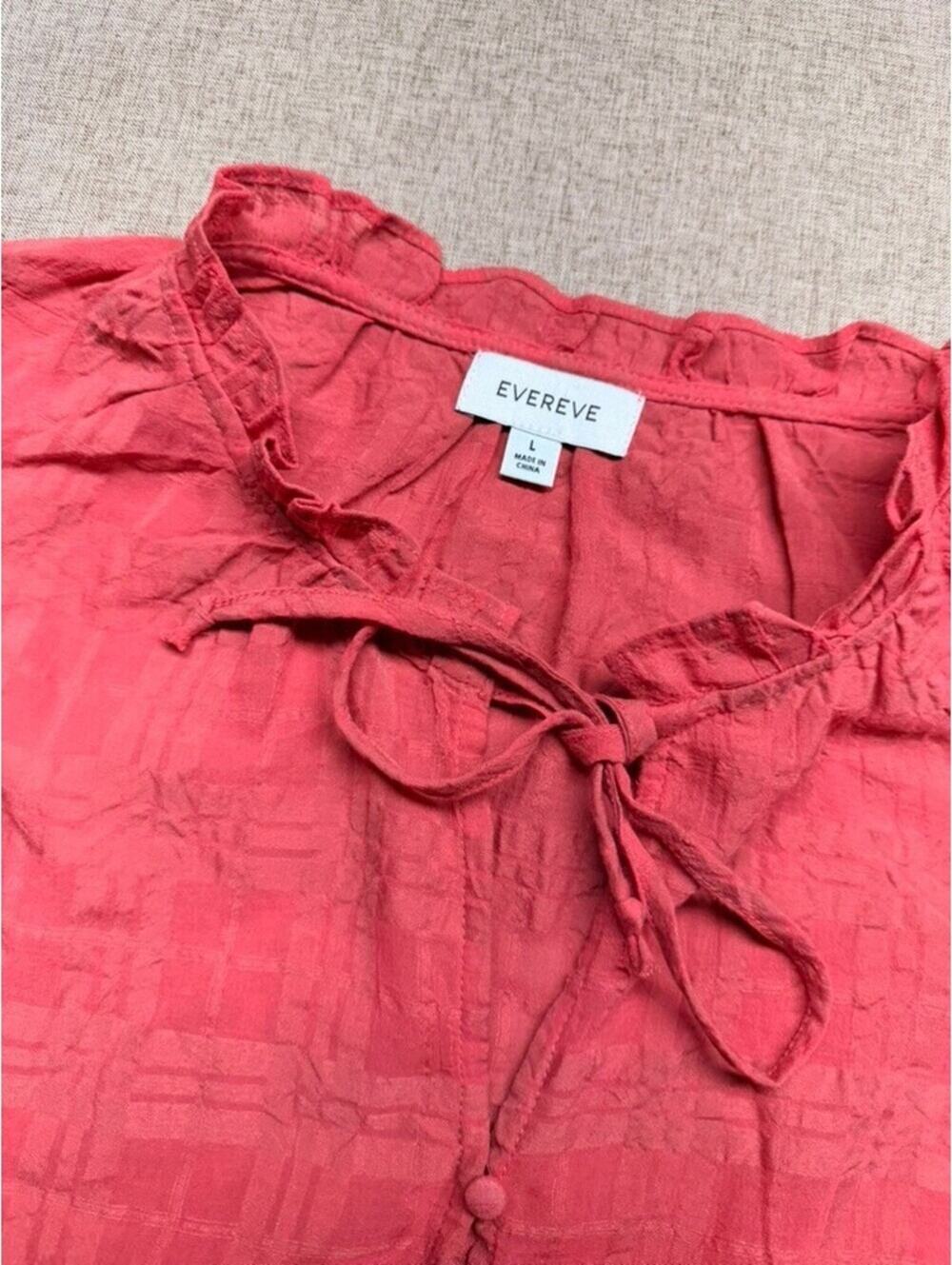 Evereve Womens Large Coral Textured Peplum Blouse Puff Sleeve Tie Neck Boho Top